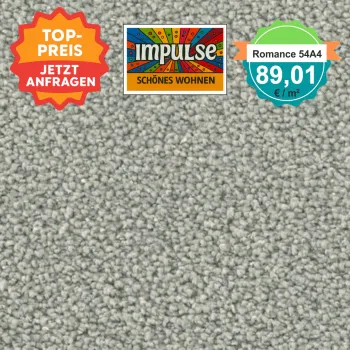 Teppichmuster mit Label „Impulse WOLFSBURG“ und Badge „Romance 54A4 – 89,91 €/m²“